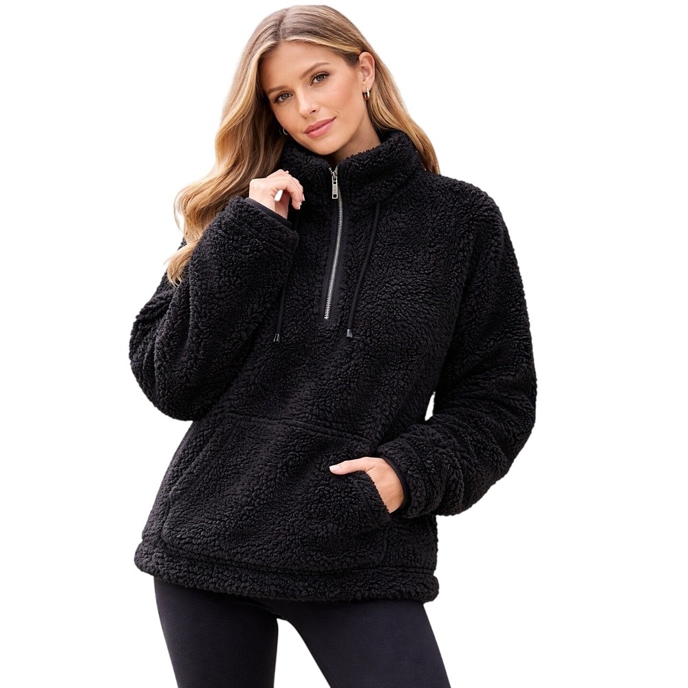 PINK Quarter-Zip Hoodie Womens Medium‎ Black Teddy Sherpa Fleece Pullover